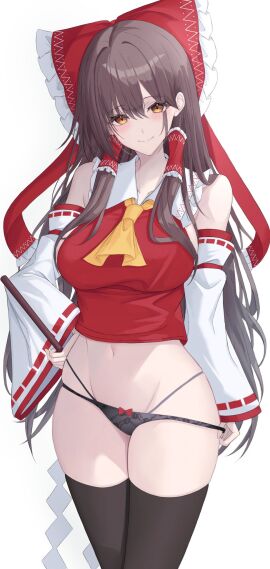 7saki blush breasts closed_mouth female highleg huge_hips huge_thighs large_breasts pulling_down_panties reimu_hakurei seductive skirt_removed smile thick_thighs thighhighs thong touhou wide_hips