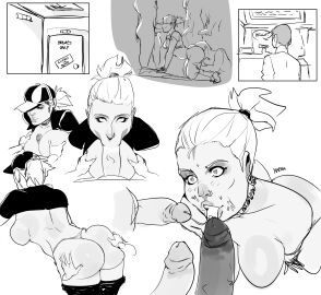 aquiline_nose blonde_hair blowbang blowjob breasts busty fellatio female female_focus hourglass_figure kafka_art lyren_(hivebastard) male multiple_boys multiple_males multiple_penises penis sex tagme unseen_male_face wide_hips