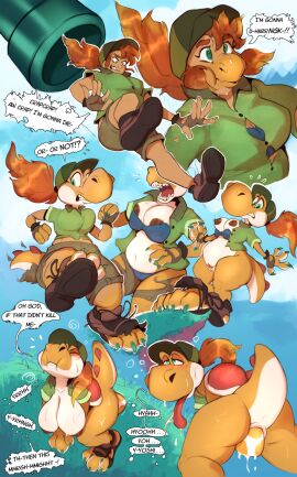 1girls absurd_res anthro anus big_breasts breast_expansion breast_growth breast_growth_(enlargement) breasts brown_body brown_hair claws clothing dialogue digital_media_(artwork) egg egg_laying english_text expansion female female_only footwear genitals grass green_claws green_eyes growth hat headgear headwear hi_res human human_to_anthro looking_up mammal mario_(series) mario_bros multicolored_body nintendo nipples orange_body plant ponytail pregnant pussy raised_tail rapid_pregnancy running scalie sharkrags solo species_transformation standing tail tail_growth text tongue tongue_out torn_clothing torn_footwear transformation transformation_sequence warp_pipe yoshi