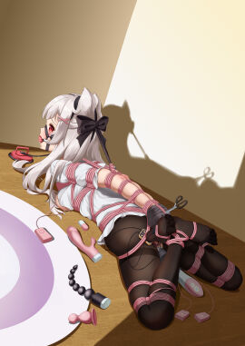 absurdres anal_plug ball_gag black_pantyhose bondage bound breasts buttplug cat_girl egg_vibrator female frostbite_(artist) gag gag_harness highres leash long_hair lying medium_breasts neglect_play on_stomach original pantyhose pussy red_eyes restrained sex_toy shibari_over_clothes solo vibrator vibrator_in_pussy white_hair