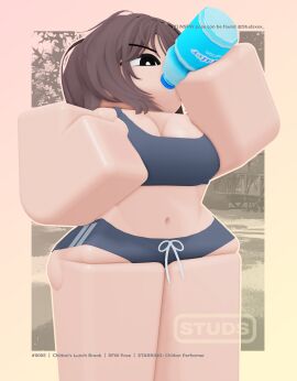 1girls 3d artist_name ass big_ass big_breasts big_thighs breasts brown_hair chiitan darby_lockhart eyeshadow female hd original_character posing posing_for_the_viewer poster roblox robloxian smile sports_bra sportswear studsxxx sweat twitter_username watermark