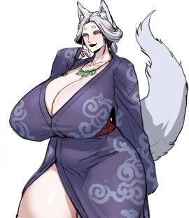 1girls 2d big_breasts breasts clothed female fox_ears fox_girl fox_tail gilf huge_breasts kimono kisuu mature_female milf mole_under_mouth original tear_troughs white_fur white_hair
