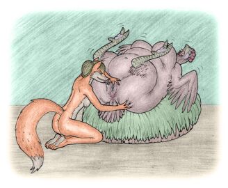 anthro ass avian aviannapper beak big_ass big_butt bird bodily_fluids canid canine chicken duo feathers feet female female/female finger_fuck fingering fox fur galliform gallus_(genus) genital_fluids genitals mammal obese obese_female orange_body orange_fur overweight overweight_female phasianid pussy talons toes vaginal_fluids vaginal_penetration