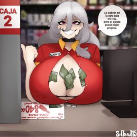 big_breasts breasts collar computer español female huge_breasts money oc original_character oxxo oxxo_girl spanish spanish_text srnava white_hair