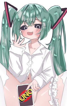 1girls black_eyes black_sclera blue_hair blush blush_lines convenient_censoring female hatsune_miku hyperpatato light_skin looking_at_viewer mesugaki_miku mimukauwa_nice_try_(vocaloid) mv_character spread_legs twintails uno_card vocaloid white_background