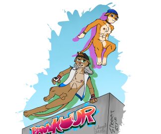 3_toes 4_fingers 6:5 alpha_channel animal_genitalia anthro backwards_baseball_cap backwards_hat balls baseball_cap beanie border breasts brown_hair casual_nudity clothing colonel_lazuli domestic_cat duo feet felid feline felis female fingerless_gloves fingers fur genitals gloves hair handwear hat headgear headwear hi_res hindpaw humanoid_genitalia humanoid_penis jumping male mammal mostly_nude mostly_nude_anthro mostly_nude_female mostly_nude_male multicolored_body multicolored_fur navel nipples orange_body orange_fur parkour paws penis sheath smile tail tan_body tan_fur toes tomboy topwear transparent_border two-tone_body two-tone_fur vest white_body white_fur