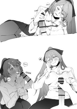 1boy bar_censor breasts censored collared_shirt commentary cum cum_in_mouth cum_on_body cum_on_hair dress_shirt english_commentary english_text facial female girls'_frontline greyscale handjob highres huqu korean_commentary large_breasts long_hair male mixed-language_commentary monochrome multiple_views nipples pants penis ponytail pov pov_crotch shirt speech_bubble springfield_(girls'_frontline) straight torn_clothes torn_shirt