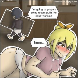 1boy 1girls 2d after_oral after_sex ass big_ass blonde_female blowjob blush breasts clothed cum cum_in_mouth cum_on_face dialogue female hairband lemon_irvine light-skinned_female light-skinned_male light_skin male mash_burnedead mashle mashle:_magic_and_muscles muscles partially_clothed shorts small_breasts sweat thick_thighs warbeastinc. wide_hips yellow_eyes yellow_hair