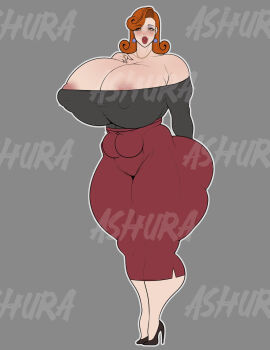 2017 2025 5_fingers areola ashura_(artist) ass belly big_breasts bimbo breasts cleavage clothed clothing digital_media_(artwork) ear_piercing female fingers footwear grey_background hand_on_chest high_heels huge_breasts human long_legs long_nails looking_at_viewer mammal navel necklace nipple_outline no_bra not_furry orange_eyes orange_hair piercing shirt shoes simple_background skirt smile solo standing thick_lips thick_thighs tight_clothing tradwife wedding_ring wide_hips wife