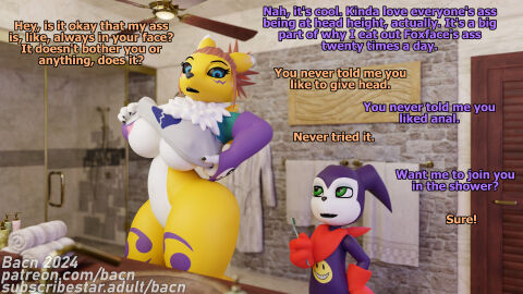 2024 3d absurd_res anthro areola bacn bandai_namco bathroom big_breasts black_sclera blue_eyes bottomless breasts canid canine casual_nudity clothed clothing clothing_lift detailed_background dialogue digimon digimon_(species) digimon_tamers digital_media_(artwork) duo english_text female fox fur gloves handwear hi_res imp impmon impmon_(bacn) male male/female mammal monster_boy nipples open_mouth partially_clothed renamon renamon_(bacn) renamon_rika rika_nonaka shirt shirt_lift size_difference smile standing text topwear under_boob undressing undressing_self white_fur yellow_body