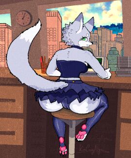 anthro ass bent_over big_ass big_butt bodily_fluids bottomwear canid canine chim_(kimcuongnguyen) chim_chim_cheree_(kimcuongnguyen) city city_background cityscape clothed clothing curvy_figure desk digital_drawing_(artwork) digital_media_(artwork) female footwear fox furniture furry genitals green_eyes grey_body kimcuongnguyen legwear long_socks looking_at_viewer looking_back mammal miniskirt office panties paws pussy short_pants signature skirt smile socks solo table tail thick_thighs tight_clothing topwear underwear white_body wide_hips