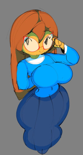 2d 2d_(artwork) ass big_ass big_breasts blue_dress blue_skirt breasts captivemimic cute cute_face digital_media_(artwork) female fixing_glasses ginger_hair glasses kindergarten_(game) kindergarten_3 large_ass large_breasts mob_face ms._lovelett orange_hair red_glasses teacher thick thick_legs thick_thighs thunder_thighs