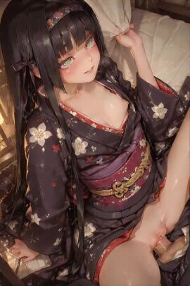 ai_generated anime_game bishoujo_mangekyou cleavage female floral_kimono happusy highres hmv indoors kimono long_black_hair masterpiece nsfw obi renge_(bishoujo_mangekyou) sitting solo tagme video