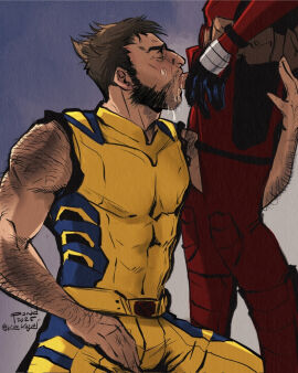 2boys arm_hair beard bodysuit brown_hair bulge_through_clothing cum_in_mouth deadpool deadpool_&_wolverine_(2024) fellatio gay head_out_of_frame james_howlett logan_(x-men) male marvel marvel_comics muscular muscular_male oral penis ponderosa short_hair superhero_costume wade_wilson wolverine_(x-men) x-men yaoi