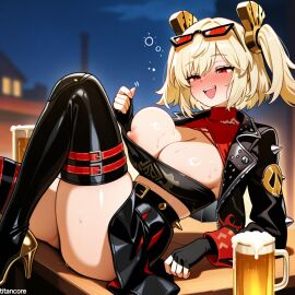 (titancore) ai_generated beer big_breasts biker_clothes biker_girl blonde_hair burnice_white curvy_figure cute_girl drunk_bubble drunk_female female girl hair_ornament night red_eyes revealing_breasts revealing_clothes sunglasses sweatdrop twintails video_game_character zenless_zone_zero