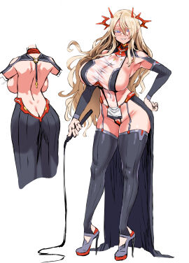 1girls asanagi ass ass_crack big_breasts black_legwear blonde_hair breasts butt_crack female female_only glasses huge_breasts large_breasts looking_at_viewer open_back original see-through_clothing sideboob simple_background smirk solo tagme white_background