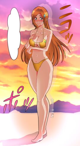 ass b4_ren beach big_ass big_breasts bikini bleach breasts female hips inoue_orihime orange_hair shy