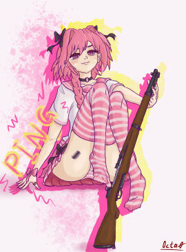 1boy 1femboy artist_name astolfo_(fate) collar fate/grand_order fate_(series) femboy gun m1_garand male male_only octa0 panties pantsu pink_eyes pink_hair shimapan skirt striped_legwear
