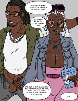 1boy 1girls 2d big_breasts black_hair breasts busty casual casual_incest cleavage dark-skinned_female dark-skinned_male dark_skin dialogue elderly_female female gilf glans grandmother grandmother_and_grandson grandson handjob hourglass_figure incest large_breasts long_hair makeup male milf muscular muscular_male older_female older_female_and_younger_male original original_characters penis penis_out precum public public_nudity public_use seanmalikdesigns smmyart speech_bubble tagme teasing text tubetop white_hair wide_hips younger_male