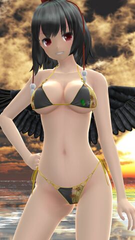 1girls 2023 3d beach belly_button bikini black-haired_female breasts cleavage clouds female hand_on_hip hat hati_yukkuri_mmd light-skinned_female light_skin looking_at_viewer mmd outdoors red_eyes shameimaru_aya short-haired_female sky smiling_at_viewer solo_female solo_focus sunset swimsuit tengu tokin_hat touhou waist water youkai