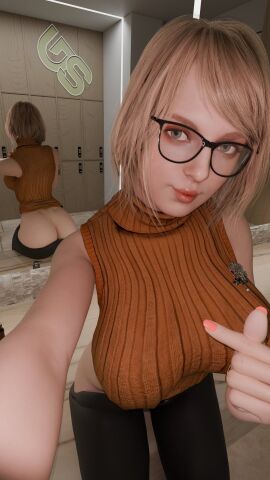 1girls 3d ashley_graham ashley_graham_(ella_freya) blonde_hair blue_eyes breasts exposed_ass eyeglasses female glasses grandmastersurgeon heart_fingers heart_symbol human large_breasts light-skinned_female light_skin looking_at_viewer mirror painted_nails pants pants_down resident_evil resident_evil_4 self_upload selfie solo straight_hair sweater thighs