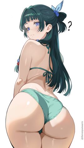 absurdres alternate_costume ass beads bikini blue_eyes blunt_bangs blunt_ends blush female freckles green_bikini green_hair hair_beads hair_ornament half_updo harutoyumaarts highres kusuriya_no_hitorigoto long_hair looking_back maomao_(kusuriya_no_hitorigoto) median_furrow simple_background skindentation solo swimsuit twitter_username very_long_hair white_background