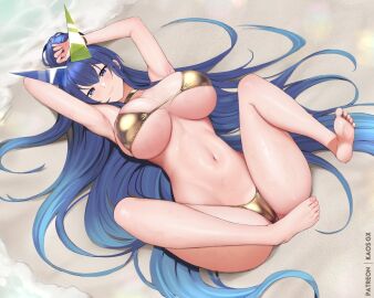 azur_lane bare_shoulders beach bikini blue_eyes blue_hair blush breasts cleavage day female gold_bikini kaos_art large_breasts long_hair looking_at_viewer navel new_jersey_(azur_lane) new_jersey_(midsummer_leisure)_(azur_lane) official_alternate_costume outdoors ponytail smile solo stomach swimsuit thighs thong_bikini very_long_hair