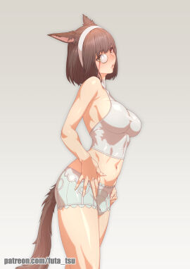 1futa balls bottomless breasts brown_eyes brown_hair bulge cat_ears cat_girl cat_tail catgirl clothed clothing female final_fantasy final_fantasy_xiv futa_only futanari headband high_resolution highres horny humanoid humanoid_penis intersex kemonomimi light-skinned_futa light_skin miqo'te monocle nashu_mhakaracca pale_skin partially_clothed penis solo standing tomoyuki_kotani