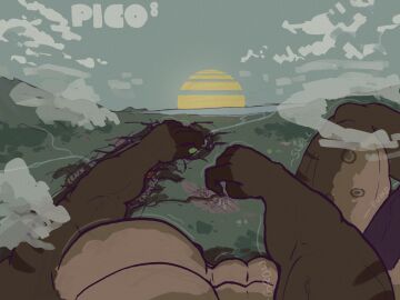 anthro body_growth body_growth_(enlargement) building building_destruction city_destruction cloud comparing comparing_penis destruction genitals hi_res landscape macro male mountain muscular muscular_male penis picotatito size_transformation sky solo terra_macro transformation