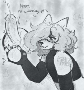 2024 andy_(shizumoh) anthro arctic_fox arm_warmers armwear balls balls_tugging bodily_fluids canid canine clothing crop_top cum cumshot duo ejaculation emanata english_text eyewear fox genital_fluids genitals glasses glory_hole greyscale halftone hi_res humanoid_genitalia humanoid_penis interrupted_orgasm kinktober_2024 male male/female mammal monochrome orgasm_denial penis shirt shizumoh text topwear trans transmasc true_fox