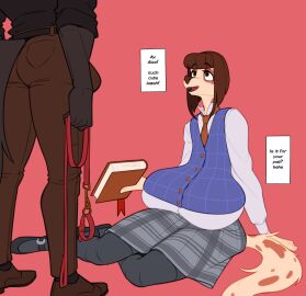 abstract_background alex_(crackiepipe) anthro big_breasts black_body black_fur bottomwear breasts bulge canid canine canis clarita_(crackiepipe) clothing collar crackiepipe domestic_dog english_text erection erection_under_clothing female fur hi_res huge_breasts leash male male/female mammal pants sagging_breasts skirt text white_body white_fur wolf