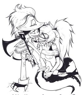 1boy 1girls 2024 2_penises 2d alternate_version_at_source alternate_version_available breasts cherri_bomb_(hazbin_hotel) cloaca clothing cyclops diphallia diphallism erect_penis erection female hair hat hazbin_hotel looking_at_another looking_pleasured male masturbation monochrome multi_genitalia multi_penis naga nipple_piercing nipples penis piercing rubbing_penis sir_pentious_(hazbin_hotel) smiling snake teeth text twiggietime wholesome