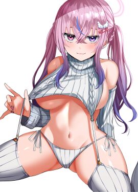 1girls :3 absurdres akihila bare_shoulders braid breasts clothes_pull crossed_bangs detached_sleeves ear_piercing female gradient_hair groin hair_ornament hairclip halo heterochromia highres indie_virtual_youtuber kurumizawa_ririka large_breasts long_hair looking_at_viewer meme_attire multicolored_hair nail_polish navel panties piercing pink_eyes pink_hair purple_eyes purple_hair side-tie_panties simple_background smug solo stomach twintails underboob underwear virgin_destroyer_sweater virtual_youtuber white_background wing_hair_ornament