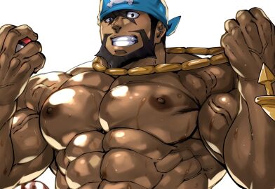 1boy 2024 abs archie_(pokemon) areola bandana bara beard biceps big_muscles big_pecs blue_bandanna blue_kerchief bodily_fluids dark-skinned_male dark_skin deltoids facial_hair facial_marking facial_markings gay genitals glans glistening glistening_body gold_(metal) gold_jewelry gold_necklace head_markings holding_object holding_pokeball jewelry kerchief looking_at_viewer male male_only markings muscles muscular muscular_male necklace necklace_pull nintendo nipples nude obliques pecs penis pokeball pokemon serratus simple_background solo sweat team_aqua terujirou terujirou_(masateruteru) vein veiny_muscles video_games white_background x_marking yaoi
