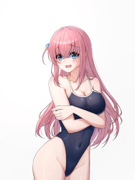 1girls artist_request blue_eyes bocchi_the_rock! breasts cleavage embarrassed female female_only gotou_hitori hair_ornament long_hair medium_breasts navel_visible_through_clothes one_piece_swimsuit open_mouth pink_hair school_swimsuit swimsuit teenage_female teenager thighs white_background