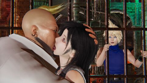 3d cloud_strife don_corneo dungeon female final_fantasy final_fantasy_vii kissing male netorare prison scared tifa_lockhart tongue tongue_kiss ugly_bastard