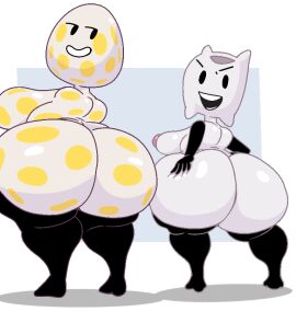2girls anthrofied armless armwear ass battle_for_dream_island bfdi big_ass big_breasts big_butt breasts eggy_(bfdi) female furu_flami grabbing_ass huge_ass legwear nipples object_show object_shows pillow_(bfdi) shortstack simple_background smiling smug_face spots thick_ass thick_thighs