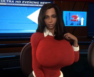 1girls 3d 3d_(artwork) alternate_breast_size alternate_hairstyle breasts breasts_bigger_than_head clothed clothed_female dark-skinned_female dark_skin female female_only gigantic_breasts hourglass_figure huge_breasts human human_female long_hair looking_at_viewer news_report news_reporter newscaster resident_evil resident_evil_5 sheva_alomar slim_waist solo solo_female top_heavy vaako