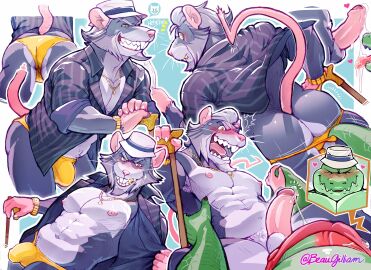 2023 abs absurd_res anthro anthro_on_anthro areola ass balls beard beaugilliam big_ass big_balls big_bulge big_butt big_muscles big_penis blue_background blush bodily_fluids border buckteeth bulge cane claws clock closed_eyes clothed clothed/nude clothing crocodile crocodilian crocodylid cum cum_on_tongue duo emanata erection erection_under_clothing eyebrows facial_hair foreskin fur genital_fluids genitals glans gold_(metal) gold_jewelry gold_tooth hair hat headgear headwear heart_symbol hi_res humanoid_genitalia humanoid_penis jewelry lou_(imfeelingbleu) male male/male mammal marcel_(imfeelingbleu) mature_anthro mature_male murid murine muscles muscular muscular_anthro muscular_male narrowed_eyes navel necklace nipples nude open_clothing open_mouth open_shirt open_smile open_topwear partially_clothed pecs penis precum precum_through_clothing precum_through_underwear rat reptile rodent scales scalie sex sharp_teeth shirt signature simple_background smile standing sweat teeth thick_thighs thong thong_down tongue tongue_out topwear tuft uncircumcised underwear underwear_down watch wet wet_clothing wet_underwear whiskers white_border