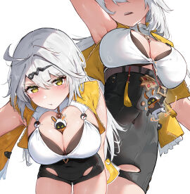 1girls absurdres armpits bangboo_(zenless_zone_zero) between_breasts black_shorts blush breasts commentary eous_(zenless_zone_zero) female from_below hair_ornament hairclip high-waist_shorts highres jacket large_breasts leaning_forward looking_at_viewer mole mole_on_breast multiple_views outline parted_lips reaching reaching_towards_viewer shorts vincent_leo white_hair white_outline yellow_eyes yellow_jacket yin_yang_pin yixuan_(zenless_zone_zero) yunkui_summit zenless_zone_zero