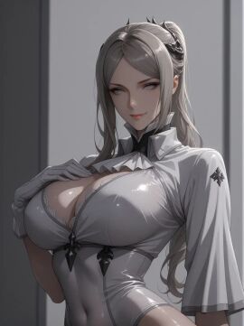 ai_generated big_breasts blonde_hair blue_eyes cleavage gloves midriff nier:_automata ponytail sensual shu uniform yorha_commander