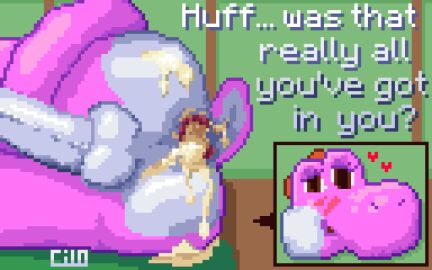 after_sex anthro anus ass balls bed blush bodily_fluids brown_eyes brown_floor cilokyne cum cum_in_ass cum_inside cum_on_ass cum_on_butt cum_on_tail digital_media_(artwork) furniture genital_fluids genitals green_wall hearts_around_head hi_res humanoid_genitalia humanoid_penis inside lying male mario_(series) nintendo nude nude_anthro on_bed on_side penis pink_body pink_yoshi pixel_(artwork) pixel_art pixelated presenting presenting_anus presenting_hindquarters question red_anus small_tail solo tail text white_balls white_butt white_penis yoshi