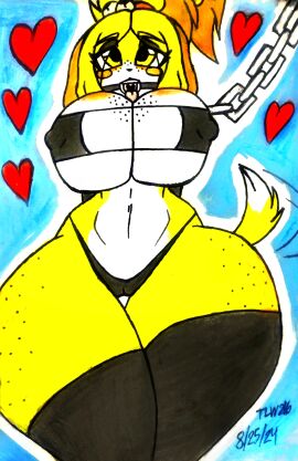 absurd_res animal_crossing anthro big_breasts blush bondage bound breasts camel_toe cameltoe canid canine canis chain_leash chained chains clothed clothing curvy_figure domestic_dog erect_nipples female freckled_breasts freckled_legs freckled_thighs freckles gag hi_res huge_breasts isabelle_(animal_crossing) leash leash_pull legwear mammal nintendo nipples open_mouth panties partially_clothed pussy restrained ring_gag solo stockings submissive submissive_female tail tail_motion tailwag theloanwanderer216 thick_thighs tlw216 traditional_media_(artwork) underwear wide_hips