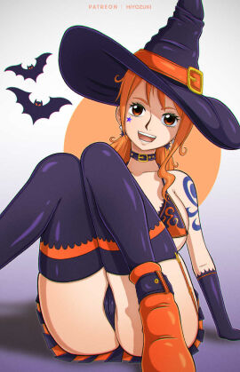 1girls arm_tattoo bats big_breasts blue_tattoo boots bra breasts choker clothing color female female_focus female_only front_view gloves halloween highres hiyozuki moon nami_(one_piece) one_piece orange-haired_female orange_eyes orange_hair orange_shoes panties post-timeskip purple_choker purple_gloves purple_hat purple_headwear shoulder_tattoo shounen_jump sitting solo solo_female solo_focus tattoo tattoo_on_arm tattooed_arm thick_thighs thighs witch witch_costume witch_hat
