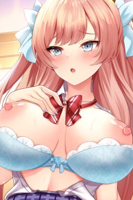 artist_request blue_eyes blush bra_pull breast_grab breasts breasts_out female female_focus game_cg hair_ribbon large_breasts light_brown_hair long_hair neck_ribbon nijigen_kanojo open_shirt school_uniform tachihi_nana