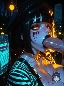 1boy 1girls ai_generated ai_video alberist beret black_hat black_lipstick blunt_bangs blush bob_cut body_freckles bouncing_breasts breasts_out cleavage deepthroat face_paint fellatio freckles from_side glowing_eyes huge_breasts huge_cock large_breasts large_penis mime nipples original_character outdoors shiny_skin solo_focus straight striped_shirt suspenders tagme video yellow_eyes