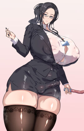 1futa balls black_hair black_jacket breasts bulge clothed clothing covered_nipples cowboy_shot dildo erection erection_under_clothes fully_clothed futa_only futanari glasses highres huge_breasts human intersex jacket light-skinned_futa light_skin long_hair no_bra office_lady original pencil_skirt penis ponytail seito_edaha seitoedaha sex_toy shirt skirt solo standing thick_thighs thighhighs thighs white_background white_shirt
