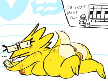 1girls 2d 4:3 accident accidental_exposure alphys annoyed anthro anus areola bed belly big_belly big_breasts breasts completely_nude duo electronics english_text eyewear female freckles furniture genitals glasses hi_res humanoid judging lizard_girl lizard_humanoid lying lying_on_bed machine male mettaton nude nude_female on_bed on_front overweight phone presenting presenting_anus presenting_pussy pussy rectangular_glasses robot sexting short slightly_chubby text texting thick_thighs tscoct undertale undertale_(series) yellow_body