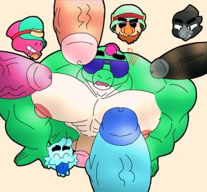 ! !! 5boys anthro avian balls bara beard biceps black_body blue_body brawl_stars buzz_(brawl_stars) closed_eyes cocokun! completely_nude covered_eyes crow_(brawl_stars) dinosaur doug_(brawl_stars) erect_nipples erection facial_hair gay green_body green_skin hank_(brawl_stars) helmet hi_res huge_cock humanoid hyper_penis imminent_sex kneeling looking_up male male_only mammal multiple_boys multiple_males muscular muscular_male nipples nude nude_male open_mouth pec penis pink_body reptile scales simple_background smile squeak_(brawl_stars) teeth thick_penis thick_thighs tongue tongue_out veiny_penis yaoi