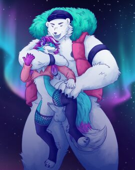 absurd_res ahe_gao anthro aurora_(phenomenon) balls bear blue_body blue_fur canid canine choke_hold chokehold clothing crop_top cuntboy duo erection femboy fox from_behind_position fur fur_hood furry genitals hair hi_res intersex just_dance just_okari legwear long_hair looking_pleasured male male/male male_penetrating mammal musclegut muscular nipple_slip open_mouth penetration penis pink_hair polar_bear purple_hair pussy raised_leg sex shirt size_difference slim_cuntboy temperature_(just_dance) topwear ubisoft ursine vaginal_penetration white_body white_penis winter_coat